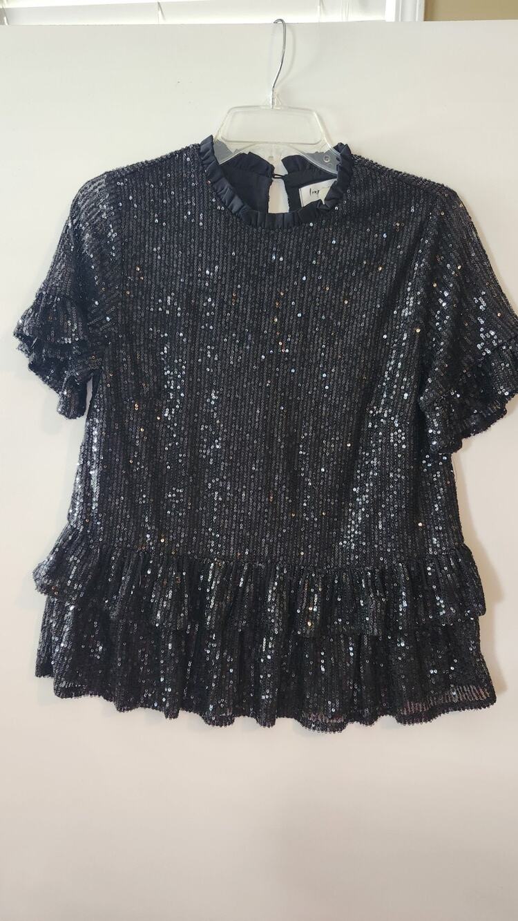 Impressions Online Boutique NWT Black Sequin Ruffle Mock Neck Size S #423